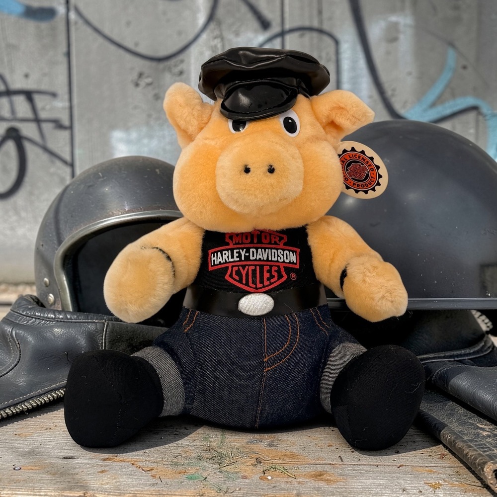 VTG 1998 Harley-Davidson Biker Hog Pig Plush Play-By-Play 11" Leather Cap Jeans